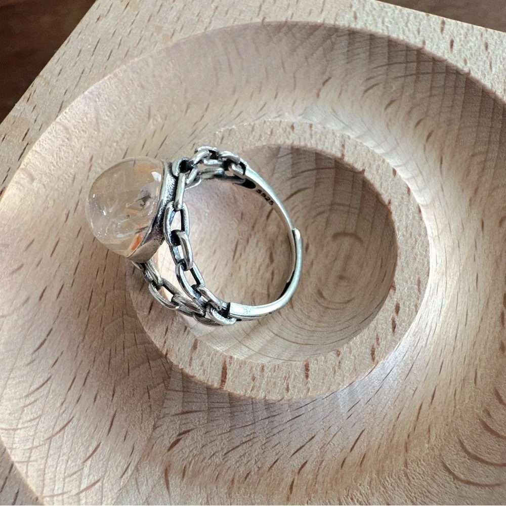 Handmade Natural Crystal Ring 925 Silver Chain Band Orange Inclusion Quartz